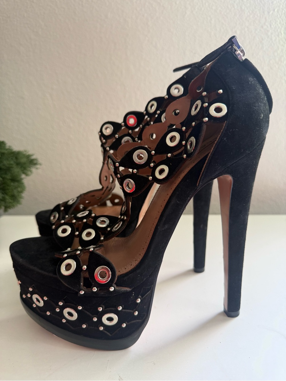 Alaia embellished laser size 9 Black and White Eyelet Platform T‑Strap Heels - Picture 6 of 10